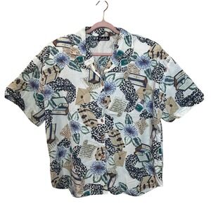 Vintage Tropical Safari Print Button Down Short Sleeve Shirt Novelty Tropical 3X